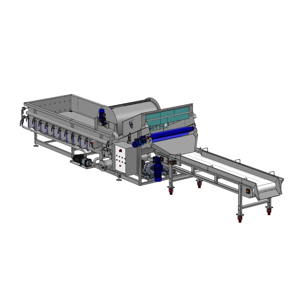 Washing tank for discharge from bins and product selection before packaging