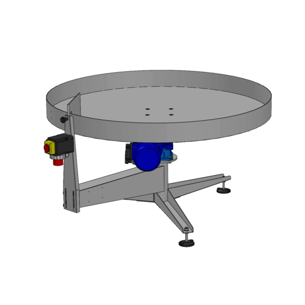 Stainless steel rotating table with adjustable speed for discharge and accumulation of loose vegetable product