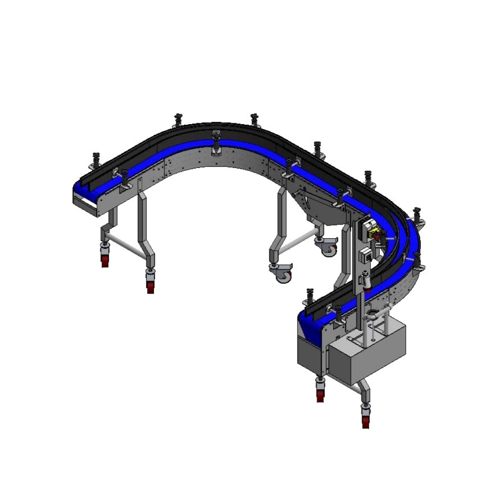 U-shaped modular belts for loading and unloading trays of confectionery products and reversing direction