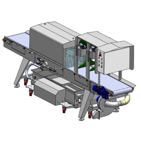 Washing tunnel with water jets, conveyor belt and air blades for dewatering