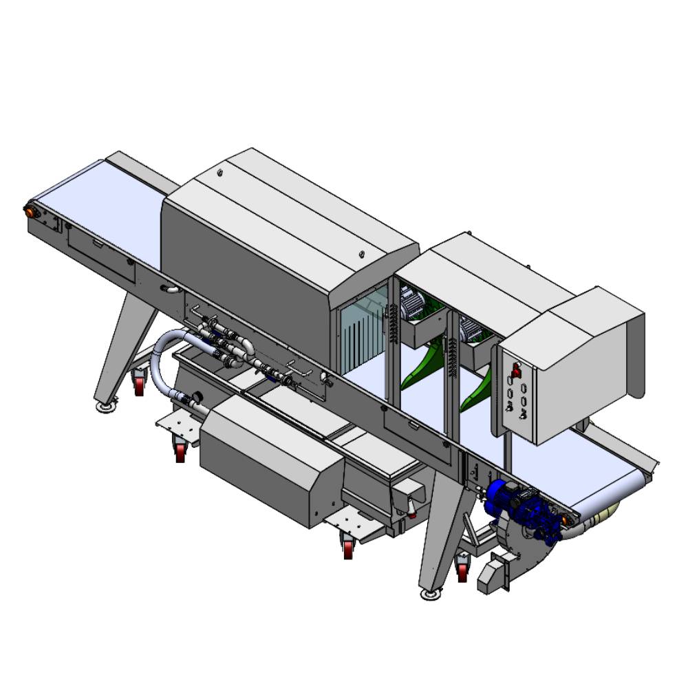 Tunnel di lavaggio con getti d'acqua regolabili, tappeto e lame d'aria per dewatering